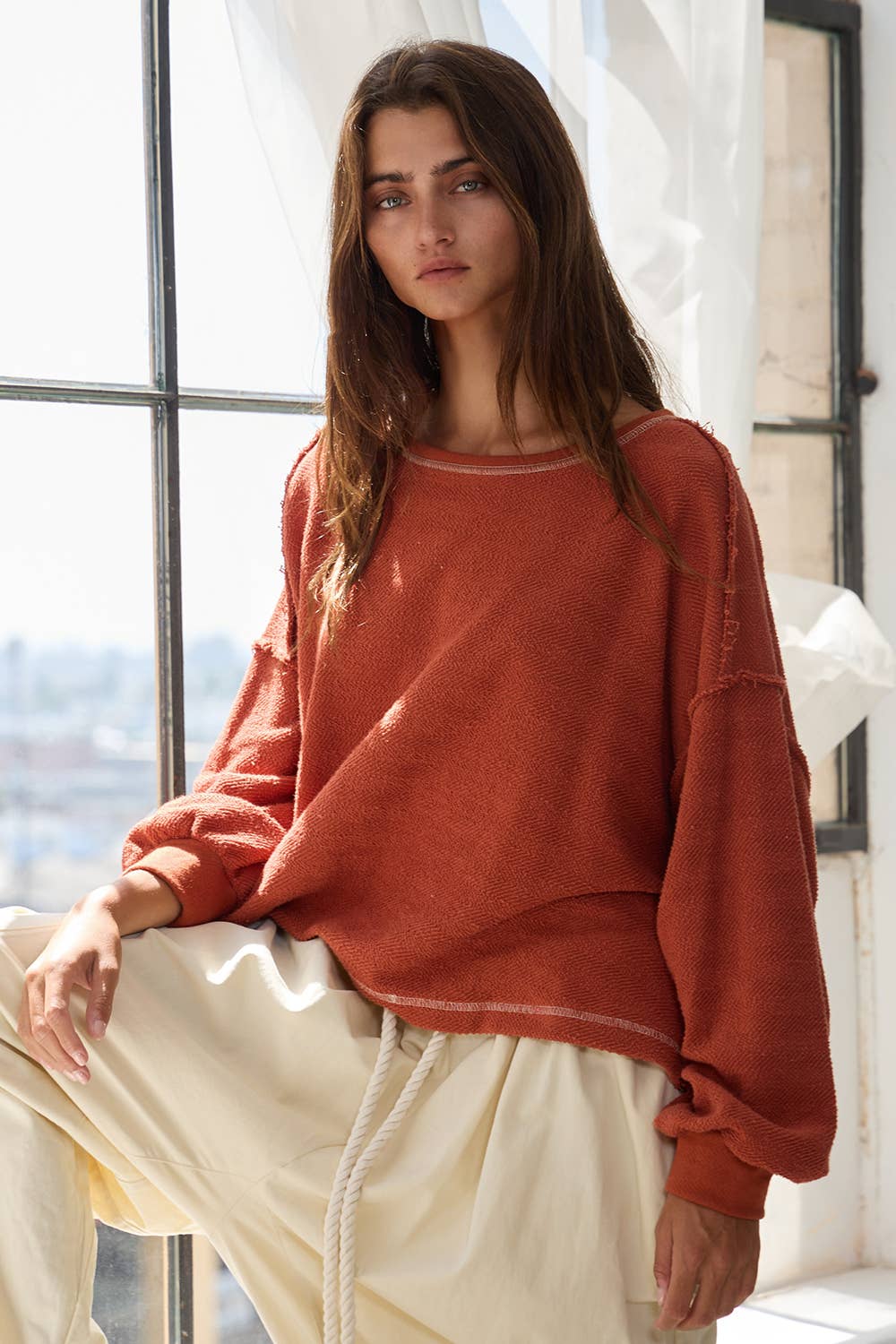 Overlap Open Back Oversize Fit Reverse Stitched Top