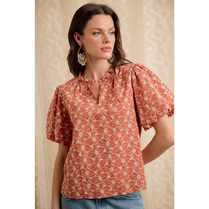 RUST COTTON EYELET PUFF SLEEVE BLOUSE