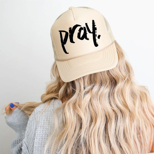 Pray DTF Printed Tan Trucker Hat