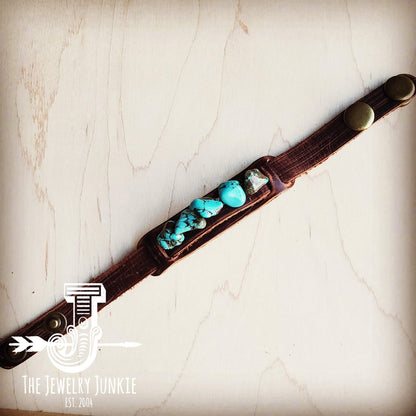 Genuine Leather Narrow Cuff with Blue Turquoise Chunks