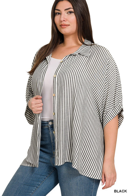 Plus Rayon Striped Short Sleeve Button Up Shirt