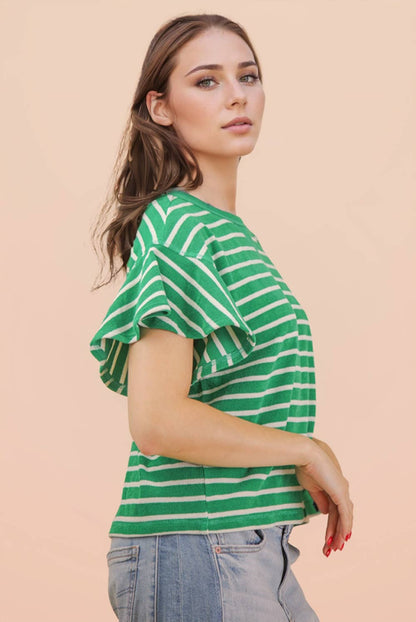 NT12476-Oversized Ruffle Sleeve Casual Stripe Knit Top