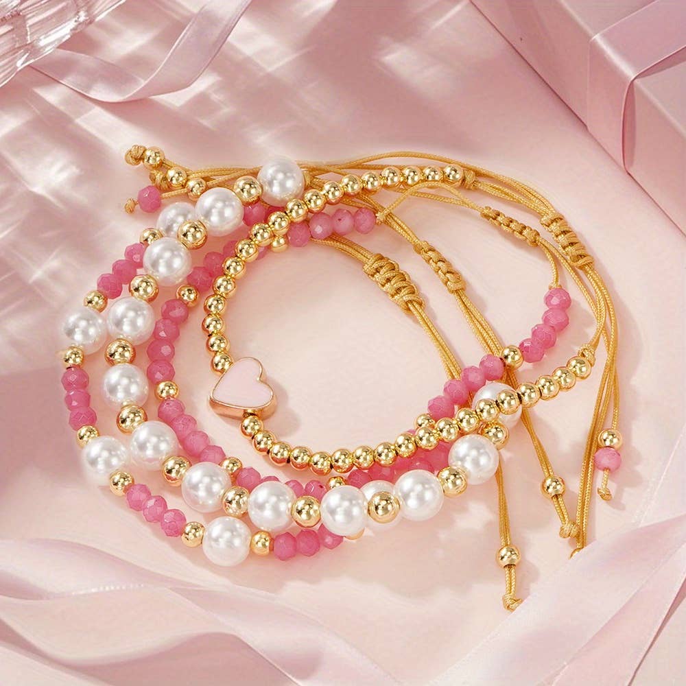 Pearl Golden Beads Adjustable String 4pcs Bracelet Set