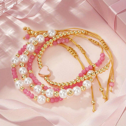 Pearl Golden Beads Adjustable String 4pcs Bracelet Set