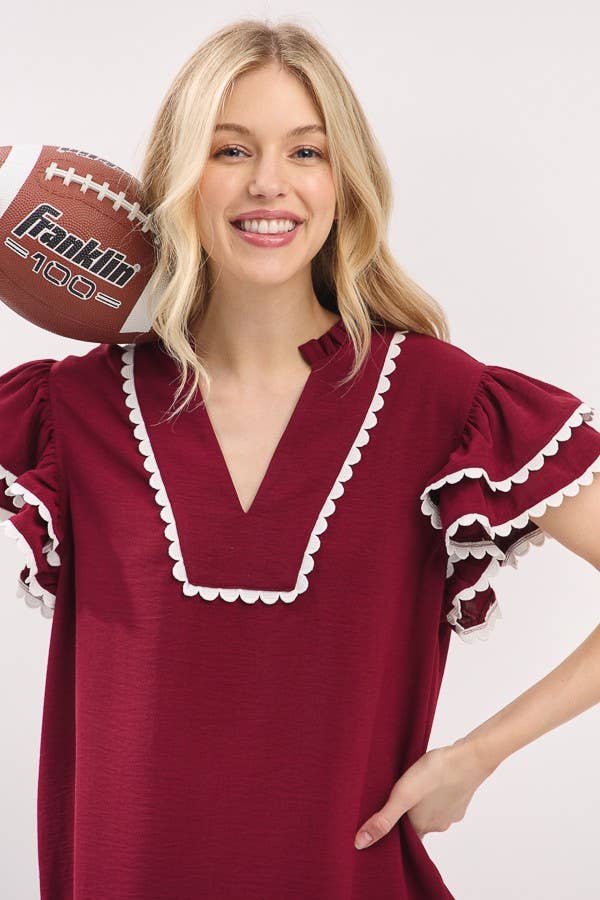 Game day Ruffle Sleeve Scallop Trim Top