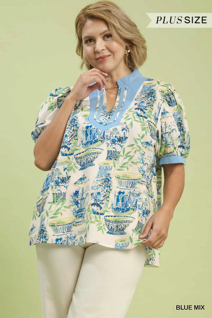 Abstract Print V-Neck Top
