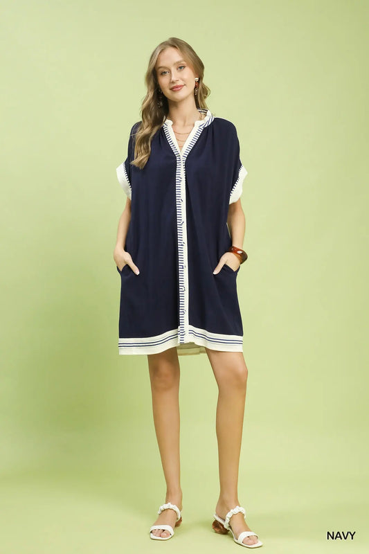 Striped Trim V-Neck Casual Shift Dress
