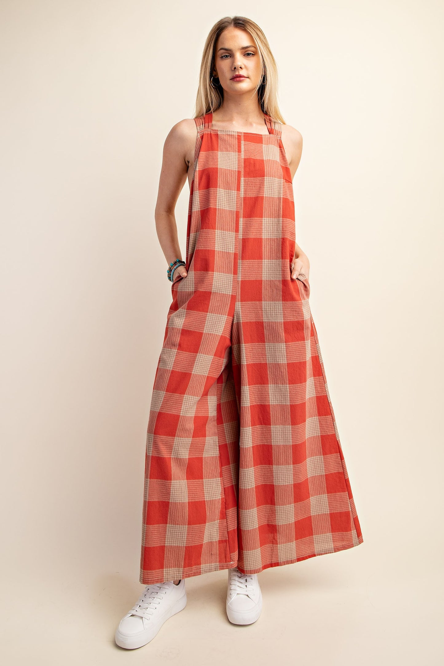 Check Print Wide Leg Jumpsuit