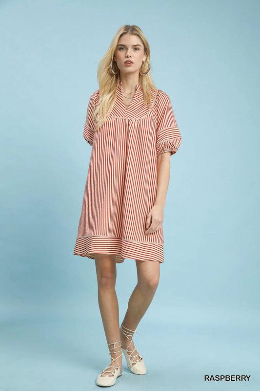 Striped Puff Sleeve Shift Dress