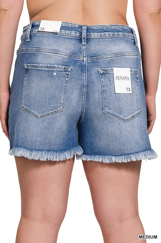 Mid Rise Raw Frayed Hem Denim Shorts