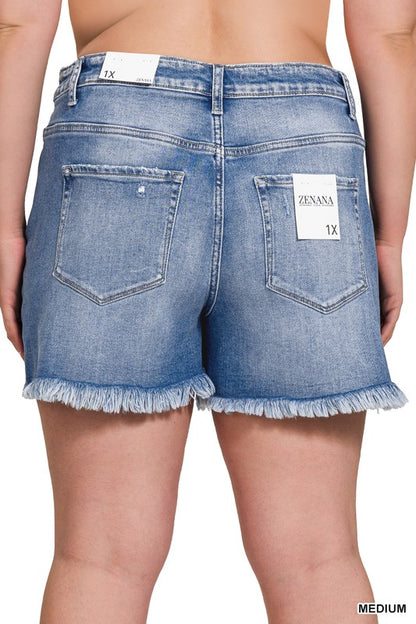 Mid Rise Raw Frayed Hem Denim Shorts