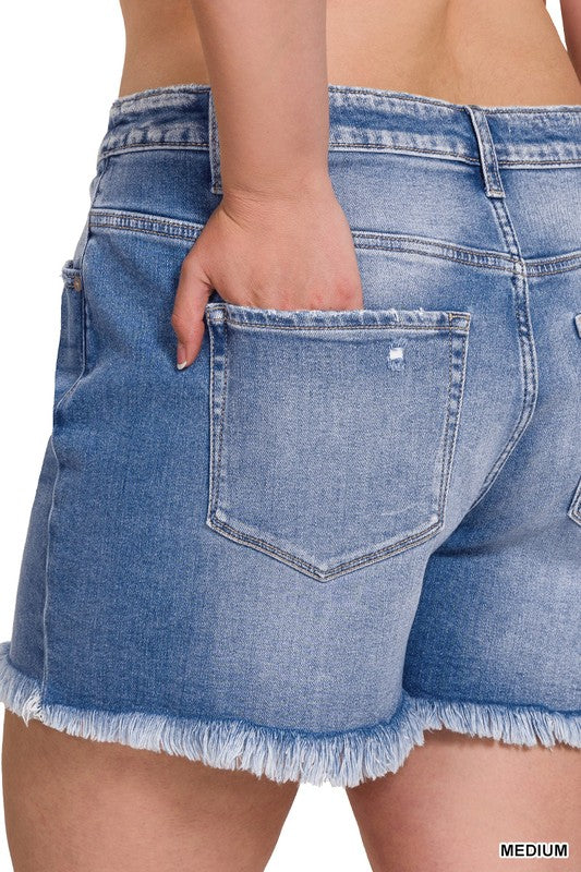 Mid Rise Raw Frayed Hem Denim Shorts