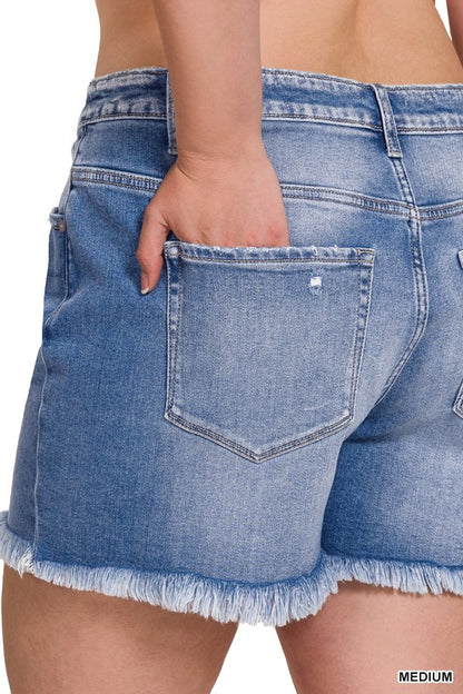 Mid Rise Raw Frayed Hem Denim Shorts