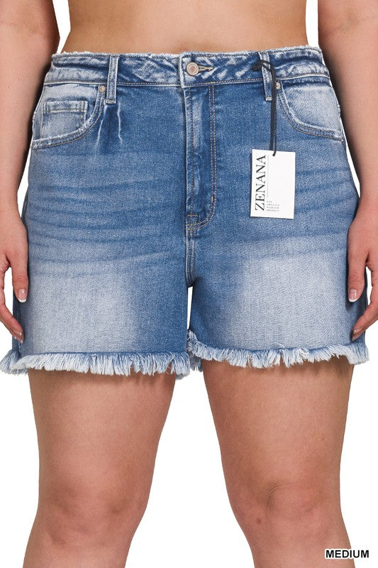Mid Rise Raw Frayed Hem Denim Shorts