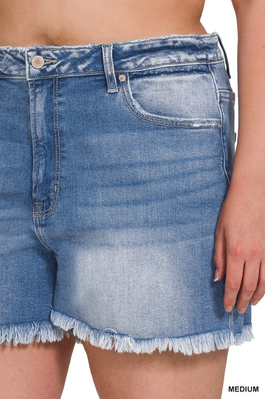 Mid Rise Raw Frayed Hem Denim Shorts