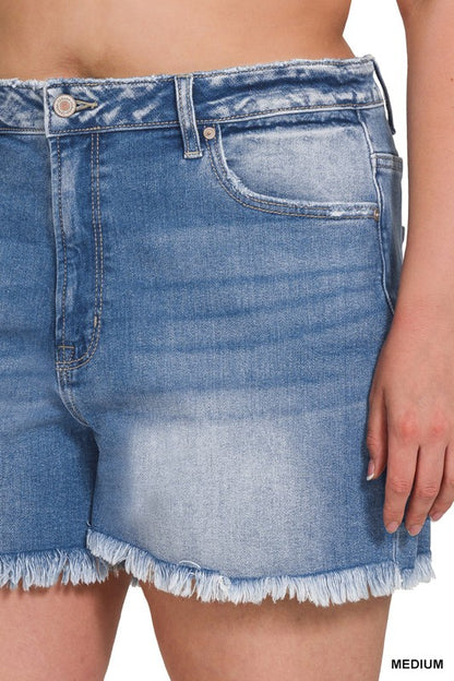 Mid Rise Raw Frayed Hem Denim Shorts
