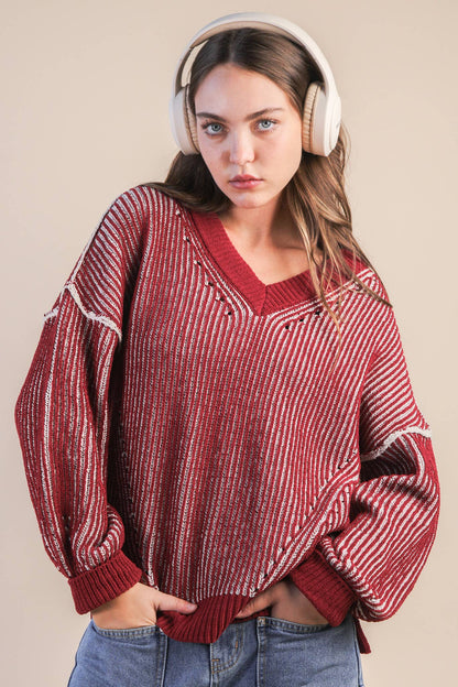 Oversized Two Tone Knit Casual Sweater Top