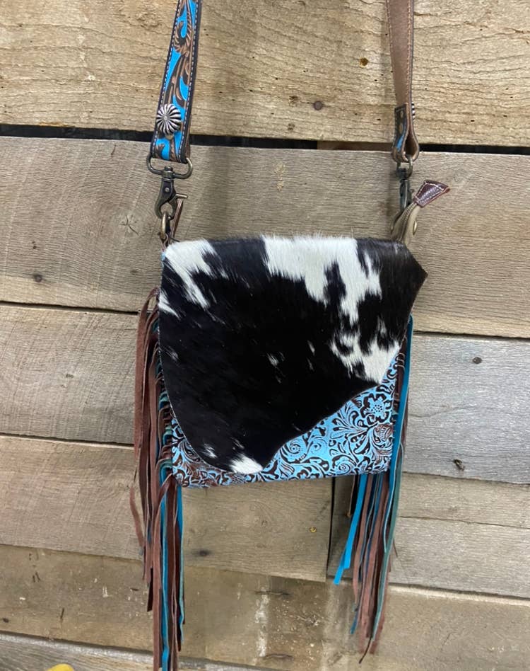 Myra Tooled Leather Cowhide Fringe Western Bag - Crossbody