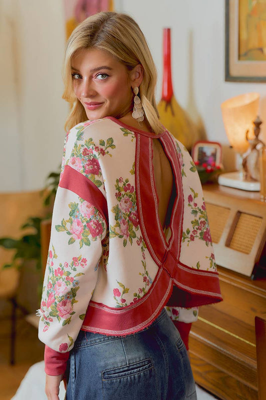 FLORAL BRUSHED OPEN BACK LONG SLEEVES TOP