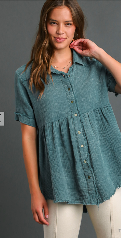 Kelly Green Cotton Gauze Button Front Tunic Top