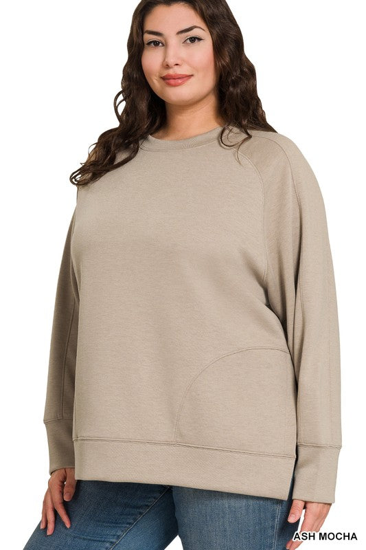Plus Scuba Round Neck Pullover With Side Slits