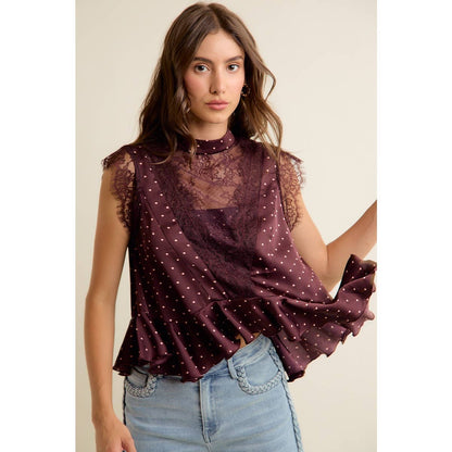 POLKA DOT SATIN LACE TRIM RUFFLED HIGH NECK BLOUSE TOP