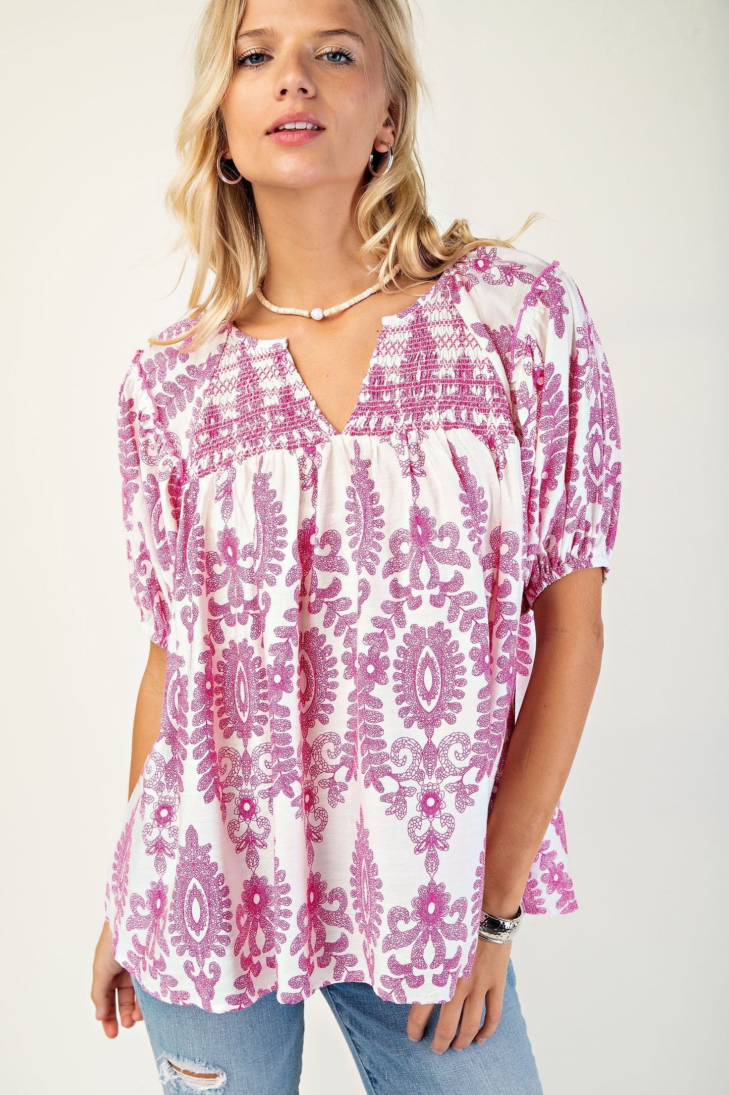 Short Sleeve Top with Smocking on Front and Back
