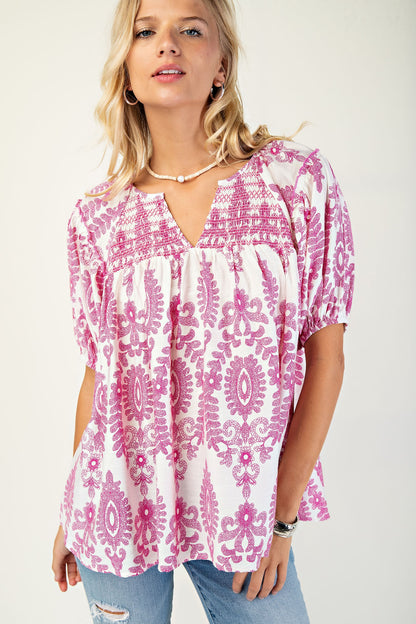 Short Sleeve Top with Smocking on Front and Back