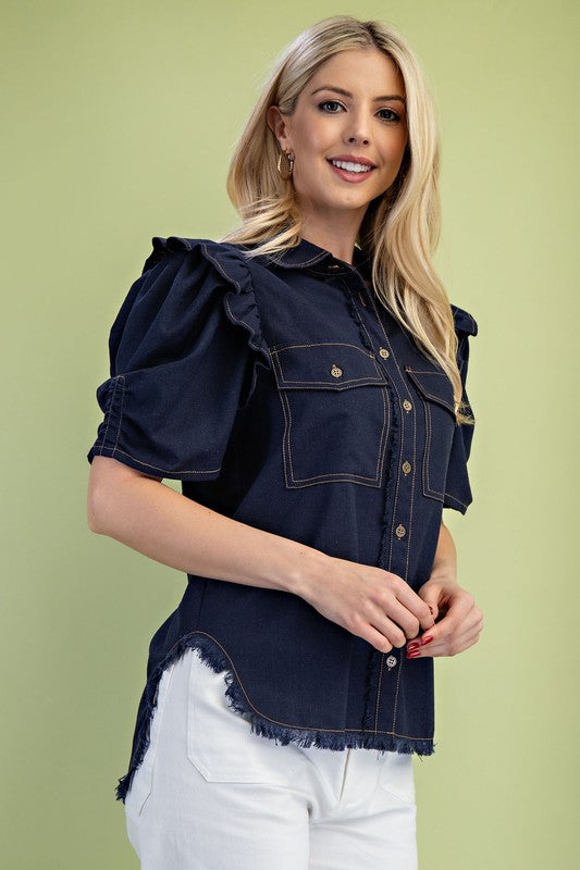 Ruffled Gathered Sleeve Linen Button Up Shirt
