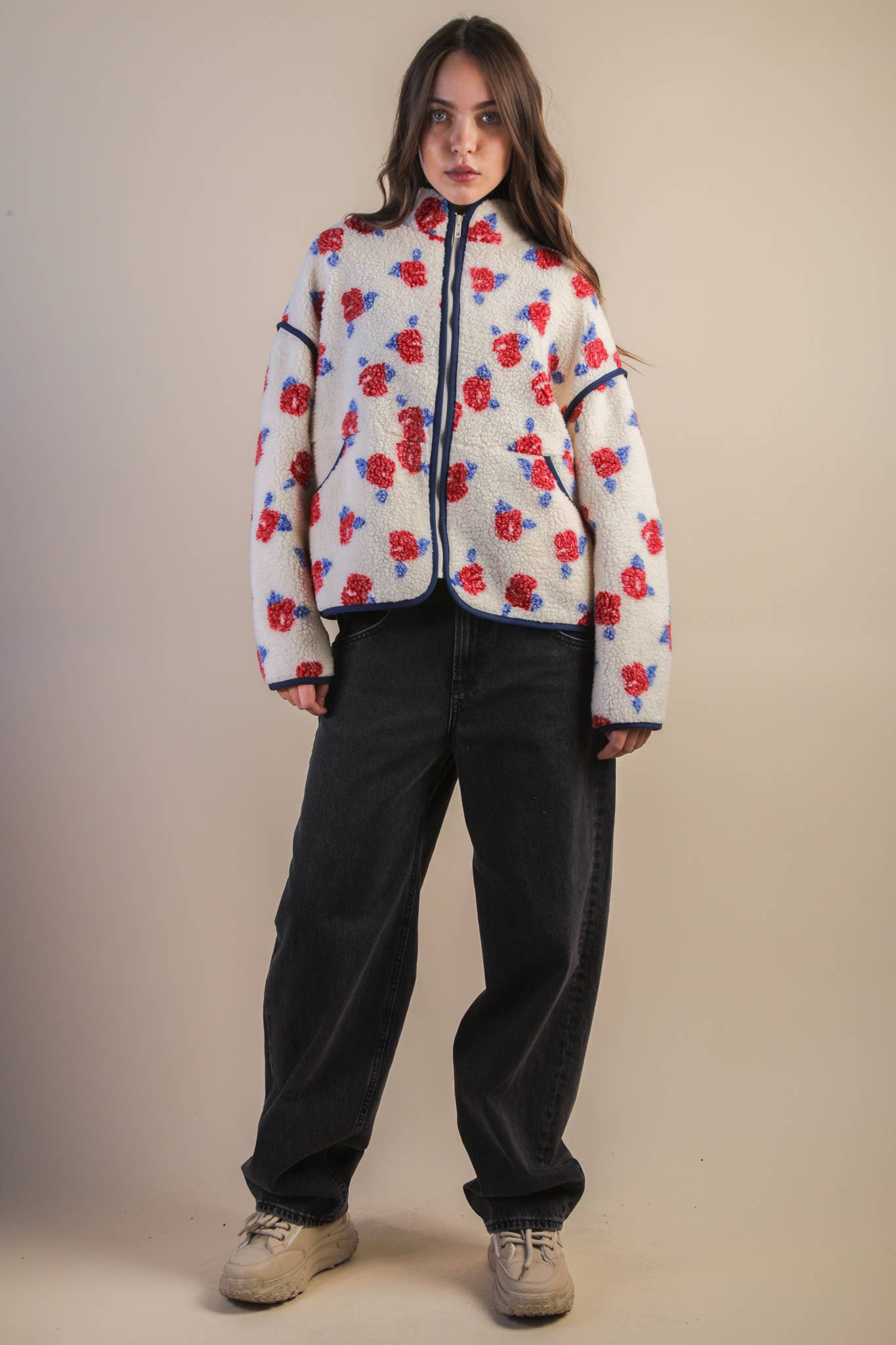 Oversized Floral Printed Fleece Sherpa Jacket