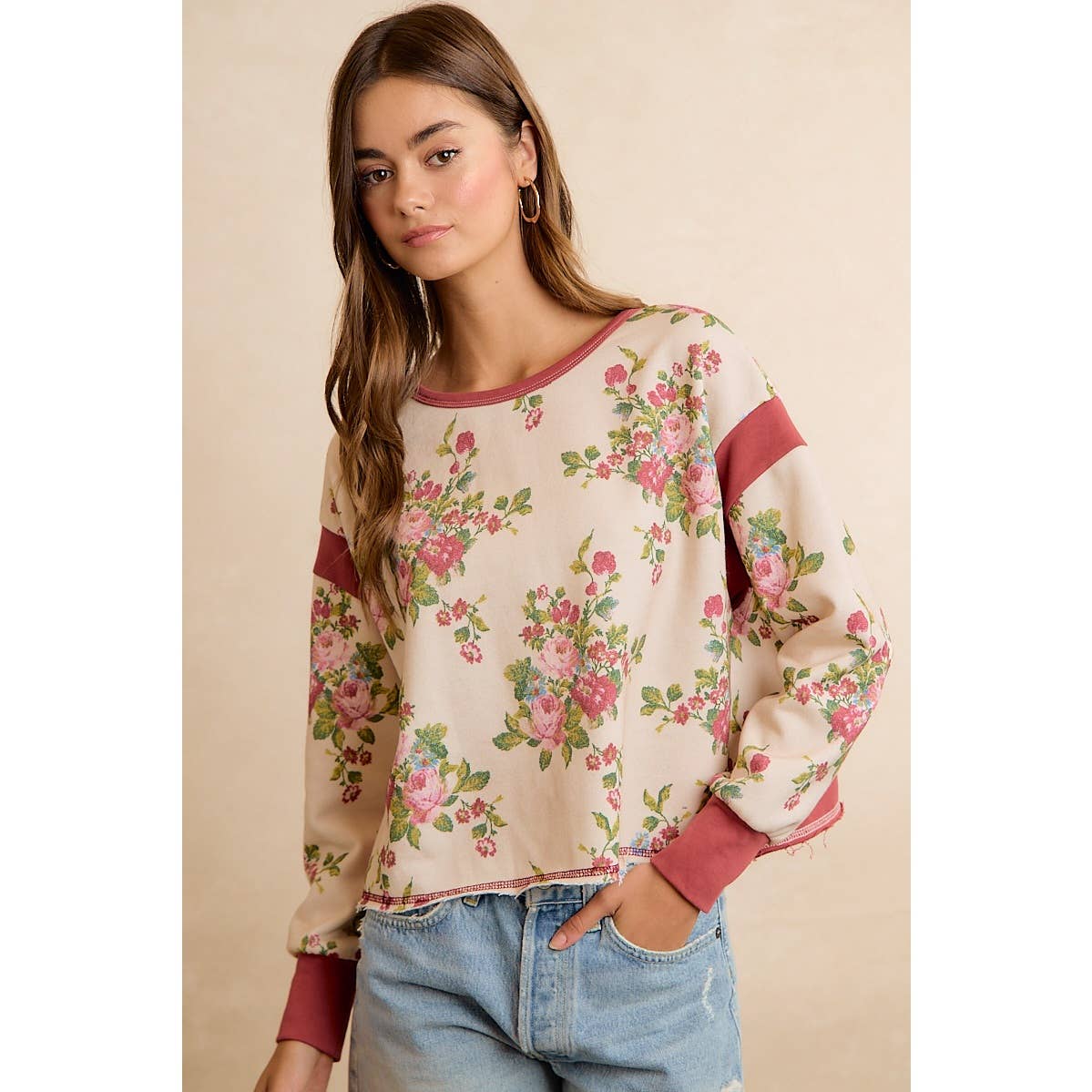 FLORAL BRUSHED OPEN BACK LONG SLEEVES TOP