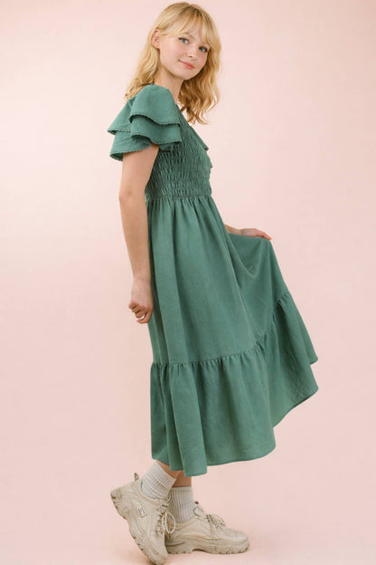 Smocking Torso Ruffle Sleeve Midi Dress