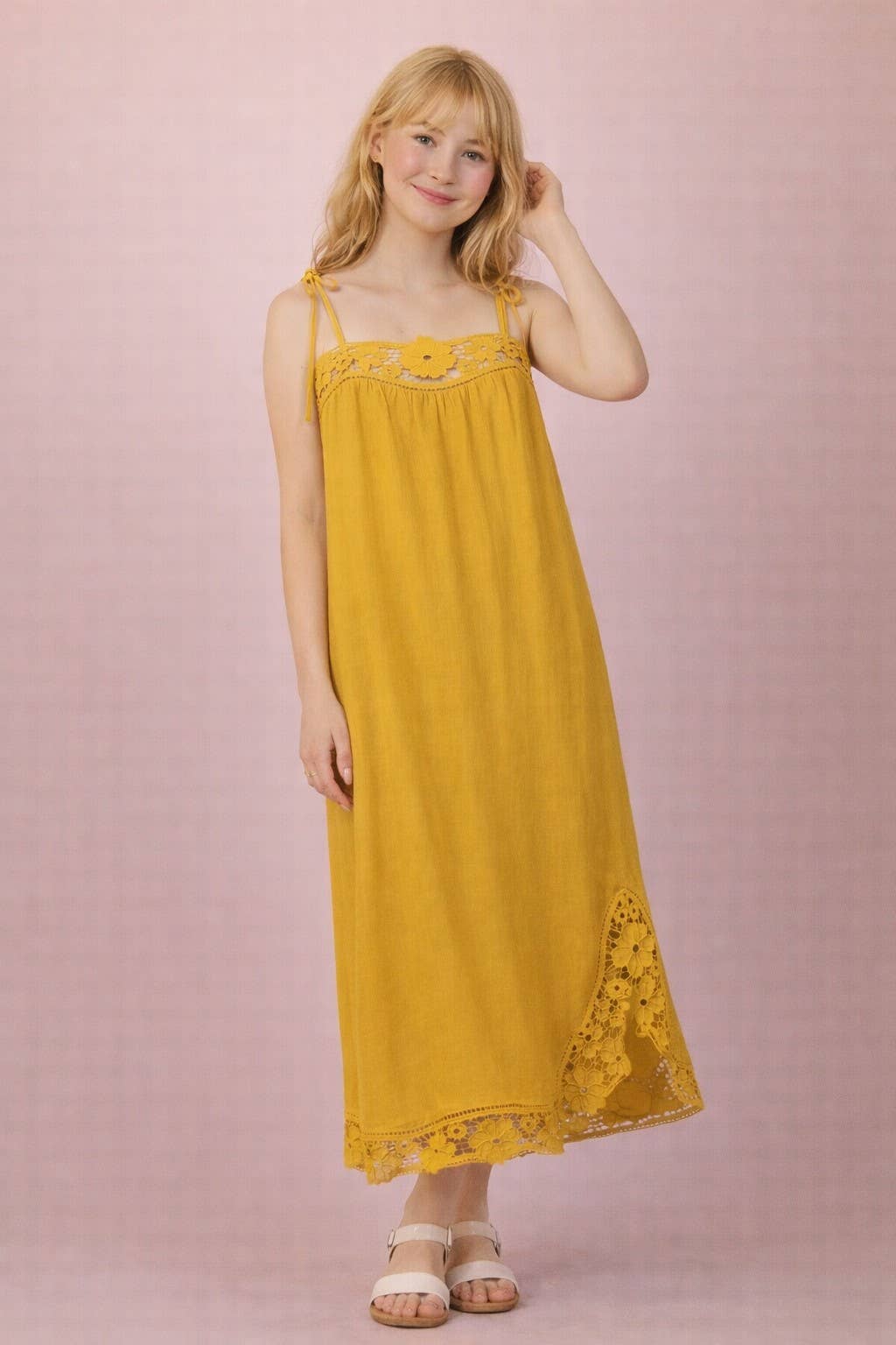 Lace Trim Solid Linen Midi Dress