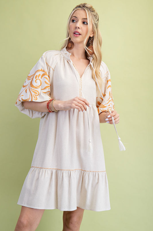 Embroidered Puff Sleeve Linen Dress