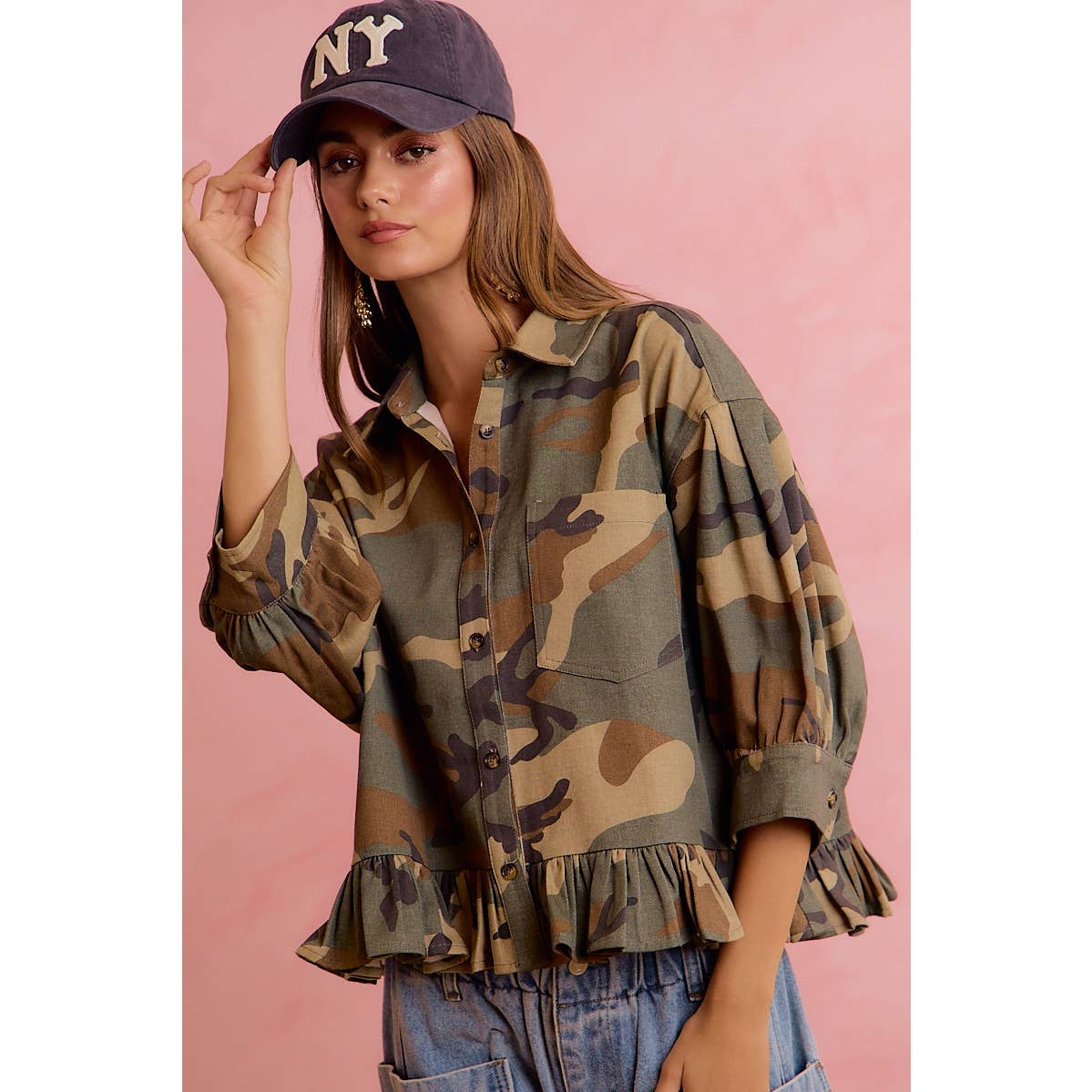 CAMO PRINTED RUFFLED HEM BUTTON DOWN BLOUSE