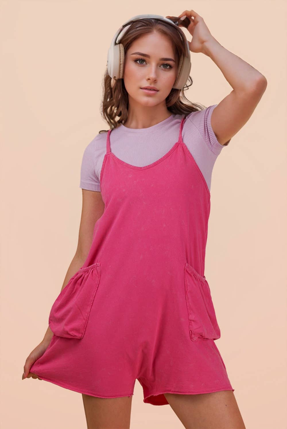 NP70359-Mineral Washed Sleeveless Casual Knit Romper