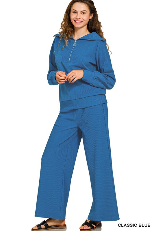 Ribbed High Neck Half Zip Pullover & Pants Set