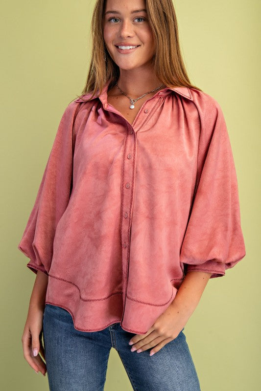 Satin Balloon Sleeve Button Down Blouse