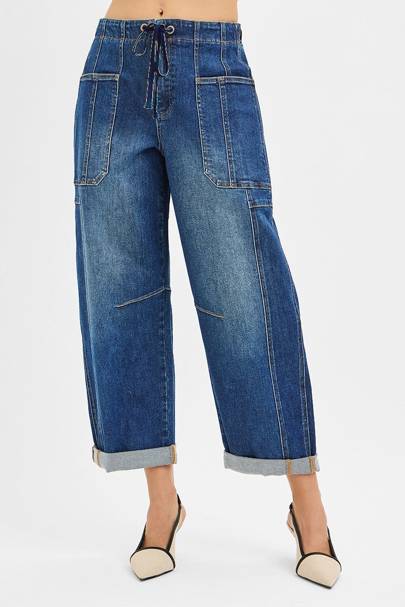 Risen High Rise Crop Barrel Cargo Jeans