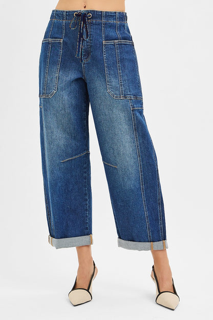 Risen High Rise Crop Barrel Cargo Jeans