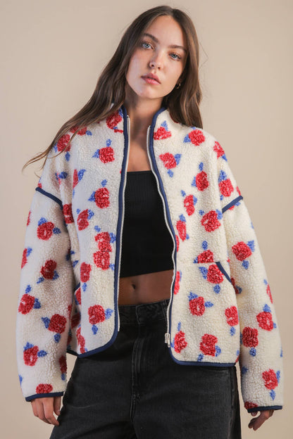 Oversized Floral Printed Fleece Sherpa Jacket
