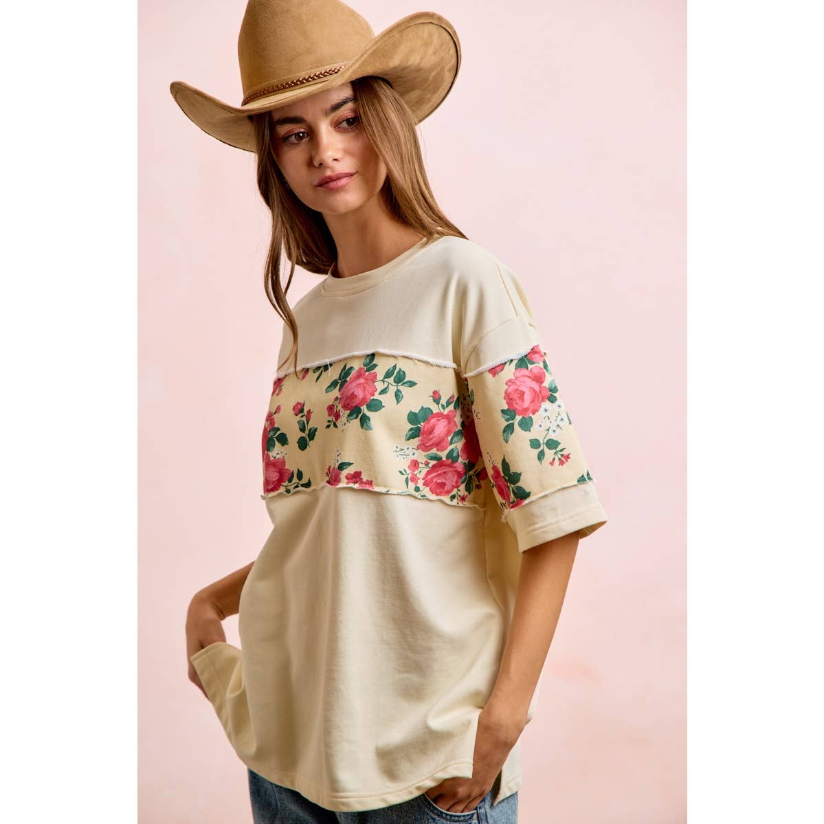 FLORAL PRINT SHORT SLEEVES FRENCH TERRY TOP