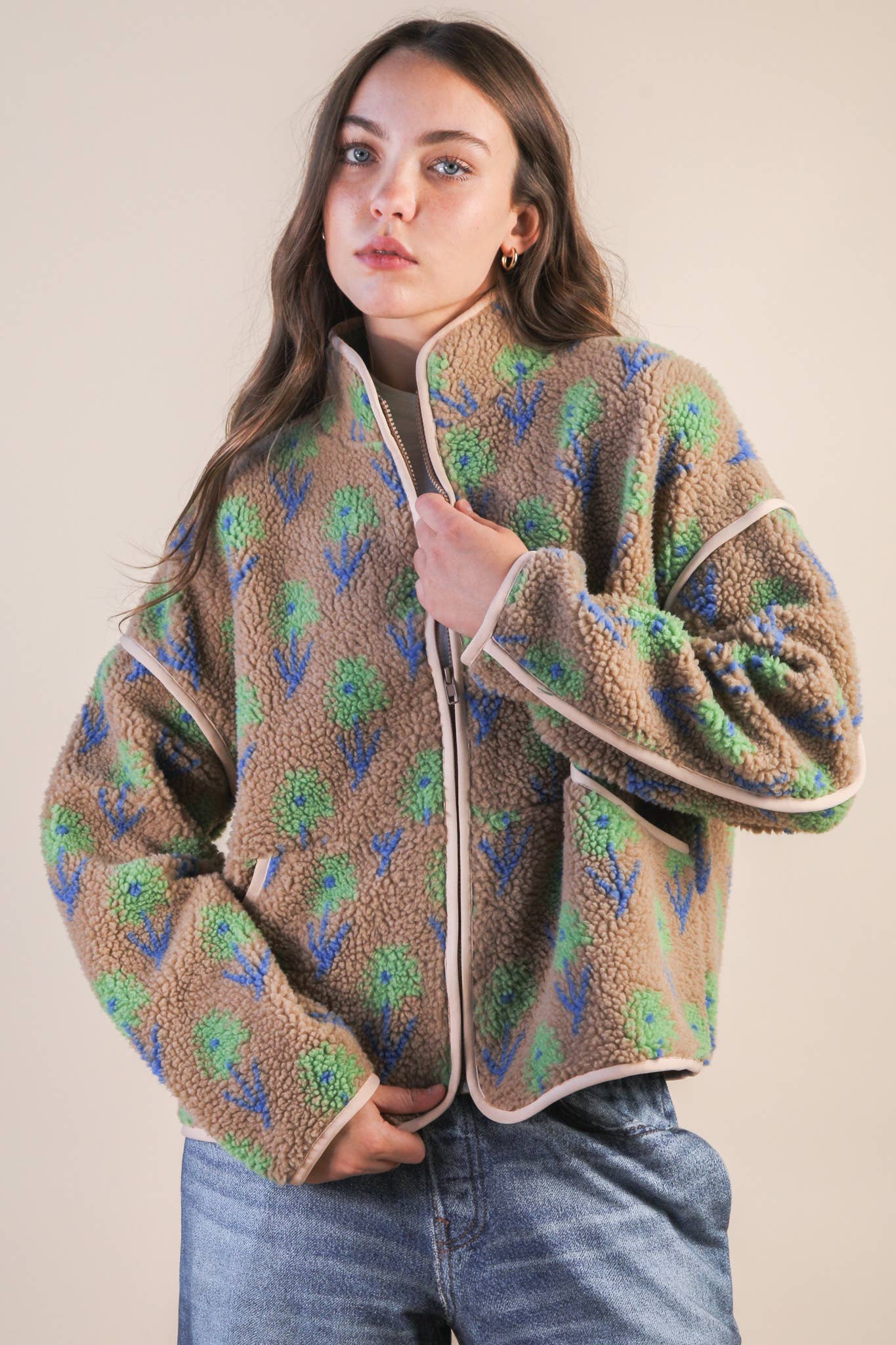 Oversized Floral Printed Fleece Sherpa Jacket