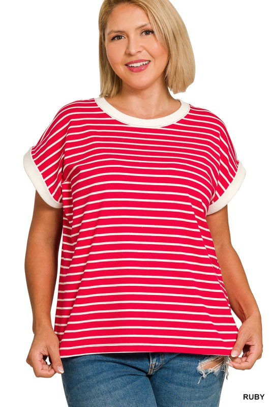 Plus Contrast Trim Cap Sleeve Stripe Tee