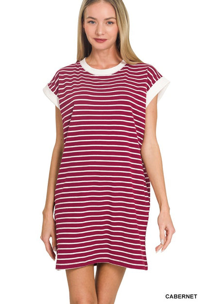 Striped Contrast Trim Rib Banded T-shirts Dress
