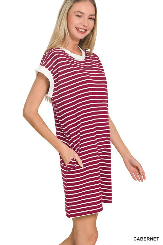 Striped Contrast Trim Rib Banded T-shirts Dress