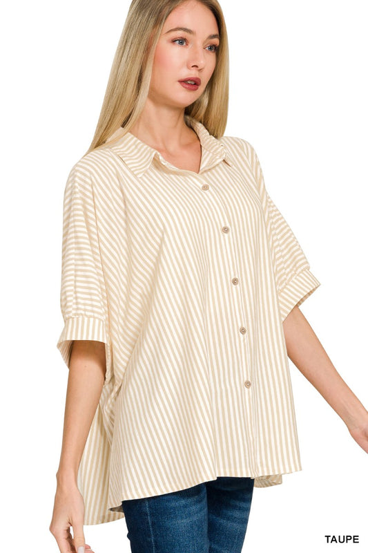 Oversized Stripe Button-down Stretch Knit Shirts
