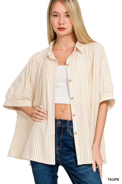 Oversized Stripe Button-down Stretch Knit Shirts