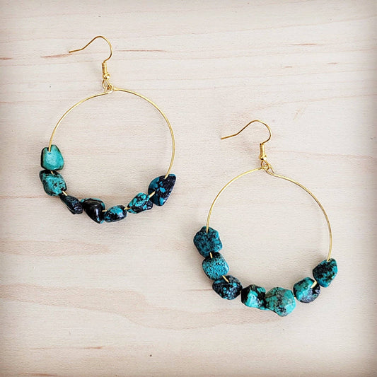 Beaded Hoop Earrings- Genuine Natural Turquoise Stones