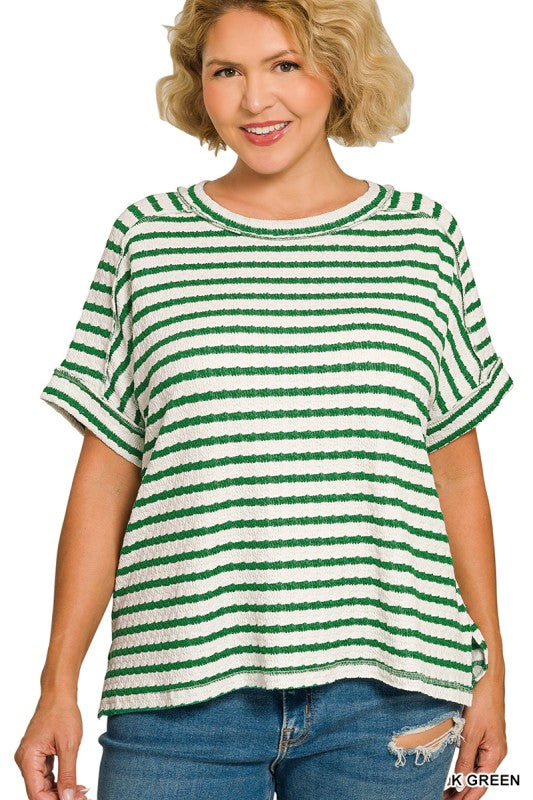 Plus Stripe Jacquard Round-neck Box Tee